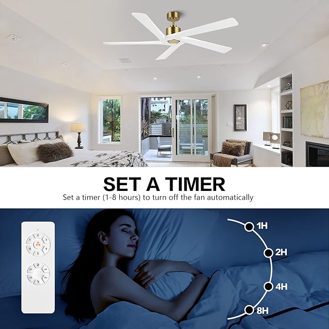 WINGBO 64 Inch DC Ceiling Fan without Lights, 5 Reversible Carved Solid Wood Blades, 6-Speed Noiseless DC Motor, Ceiling Fan No Light with Remote, Brass Finish with White Blades, ETL Listed