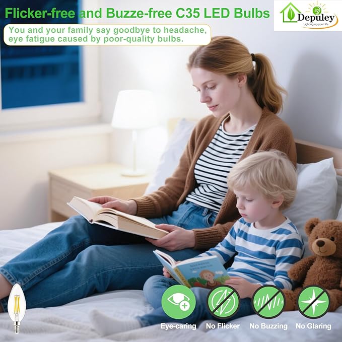 Depuley LED Light Bulbs E12: Candelabra Candle Light Bulb 4W Equivalent 40W Incandescent - LED Chandelier Light Bulbs 5000K Daylight - C35 Clear Filament Bulb E12 Base 500 LM 90+ CRI 24 Pack