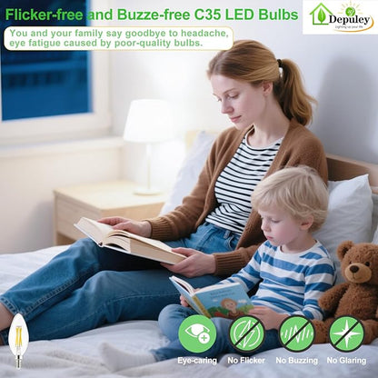 Depuley LED Light Bulbs E12: Candelabra Candle Light Bulb 4W Equivalent 40W Incandescent - LED Chandelier Light Bulbs 5000K Daylight - C35 Clear Filament Bulb E12 Base 500 LM 90+ CRI 24 Pack
