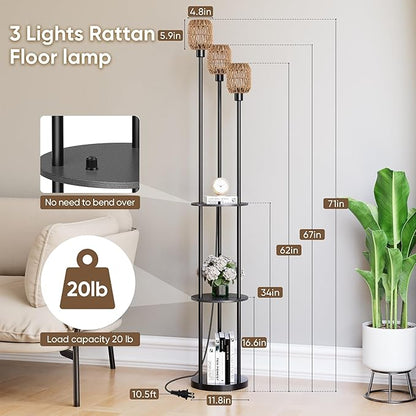 WIHTU 70" Boho Floor Lamp, Dimmable Rattan Floor Lamp with Shelves, 3 Lights Rustic Tall Lamps with Rotary Switch, Farmhouse Standing Lamps for Living Room, Bedroom，Office (Includes 3 Bulbs)