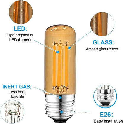 3.2 Inch 2200K Amber White E26 LED Bulb 60 Watt Equal, AC 120V 600LM Edison Bulbs Dimmable, 6W T10 T30 Tubular Filament Light Bulbs Glass for Fan Pendant Wall Light, UL Listed-4 Pack