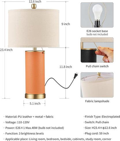 KDG 23.4" Orange PU Leather Table Lamps for Living Room Set of 2, 3 Level Brightness LED Modern Home Decor Fabric Lampshade Desk Lamp Lighitng for Bedroom, Bedside, Farmhouse, Nightstand, Night Light