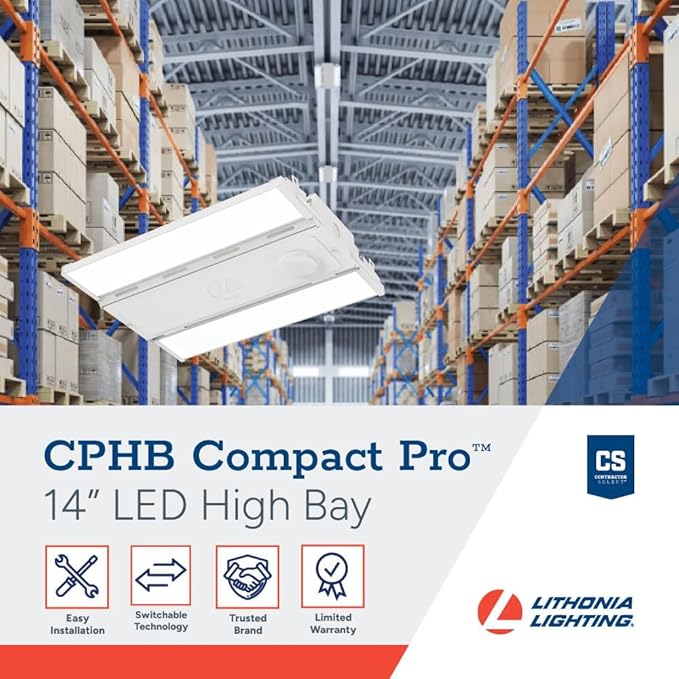 Lithonia Lighting Compact Pro LED High Bay Light, Ceiling Lighting Fixture, Adjustable 12000/15000/18000 Lumens, Selectable 4000K/5000K, MVOLT 120-277V (CPHB ALO13 MVOLT SWW9 80CRI DWH)