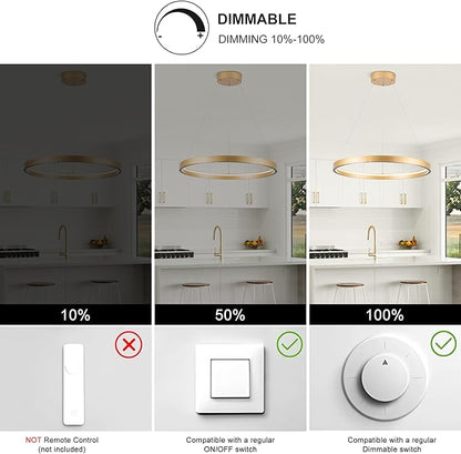 Modern Led Pendant Light Modern Led Chandelier, 1 Ring Circular Chandelier Dimmable Hanging Pendant Lighting for Living Room Dining Room Kitchen Island Foyer Office 23.6", 3000-6000K Gold