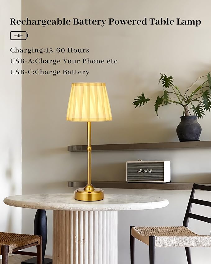 Cordless Battery Operated Table lamp Set of 2, 6000mAh Rechargeable Small Bedside Lamp, Gold Desk Lamp for Living Room Dining Room, Bedroom, Bedside, Balcony