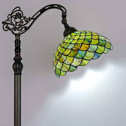Tiffany Style Stained Glass Floor Lamp, Antique Bronze Base Standing Lamp with Green Fish Scales Shade & Gooseneck Adjustable Corner for Living Room, Bedroom, Home Office 12X18X64 Inches