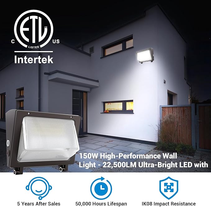 JTT 150W LED Wall Pack Light with Dusk to Dawn Photocell,22500LM 5000K Daylight IP65 Waterproof WallPack Lights Outdoor LED [Eqv. 1200W HPS/HID] for Parking Lot,Warehouse,Yard ETL | 5-Year Warranty