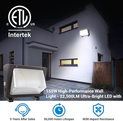 JTT 150W LED Wall Pack Light with Dusk to Dawn Photocell,22500LM 5000K Daylight IP65 Waterproof WallPack Lights Outdoor LED [Eqv. 1200W HPS/HID] for Parking Lot,Warehouse,Yard ETL | 5-Year Warranty