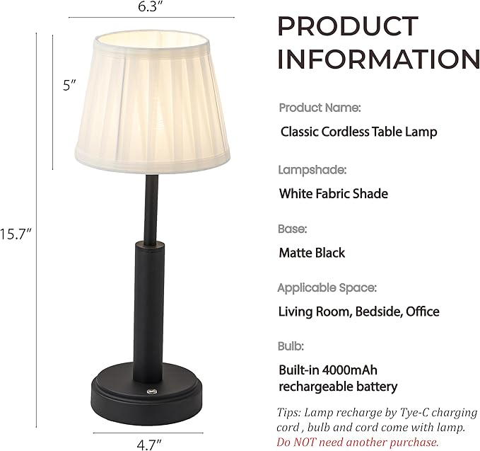 H16 Inch Modern Classic Black Fabric Shade Rechargeable LED Table Lamp Touch Control Cordless USB Nightstand Lamp with Stepless Dimming for Bedroom Gift for Christmas
