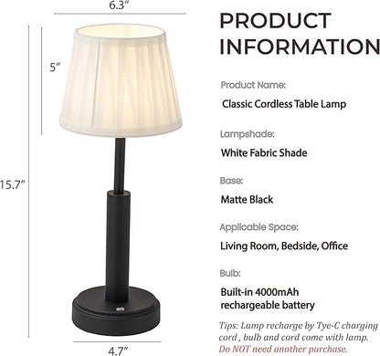 H16 Inch Modern Classic Black Fabric Shade Rechargeable LED Table Lamp Touch Control Cordless USB Nightstand Lamp with Stepless Dimming for Bedroom Gift for Christmas