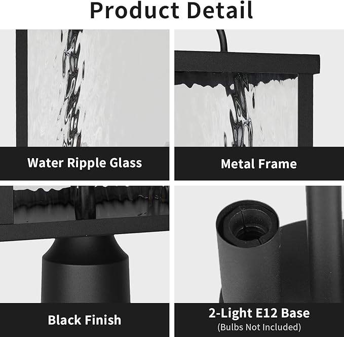 Outdoor Post Light Fixture, Modern Black Pole Lantern with Water Ripple Glass, Farmhouse Exterior Post Cap Lamp with E12 Sockets for Garden, Pathway, Courtyard, Patio, Porch, Driveway, Street