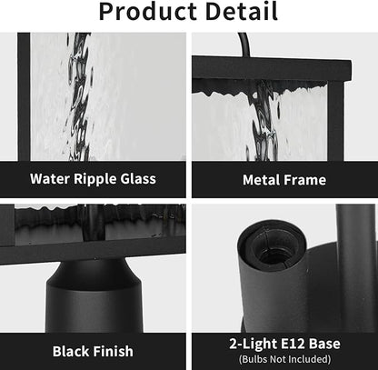 Outdoor Post Light Fixture, Modern Black Pole Lantern with Water Ripple Glass, Farmhouse Exterior Post Cap Lamp with E12 Sockets for Garden, Pathway, Courtyard, Patio, Porch, Driveway, Street