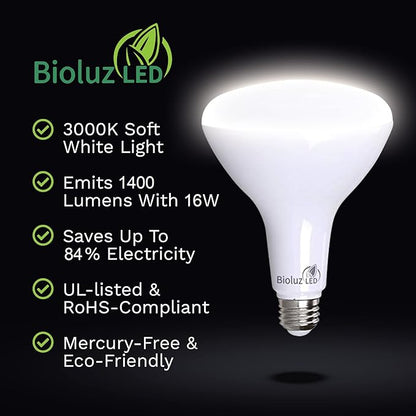 Bioluz 4 Pack Brightest BR40 LED Light Bulb - 90 CRI Instant ON Soft White 3000K Light Bulbs 16W 1400 Lumen Led Bulbs Indoor & Outdoor Lighting Smooth Dimmable Lightbulb UL Listed Title 20 Compliant