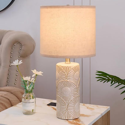 20.75" White Ceramic Lamps Set of 2 with Floral Design, Farmhouse White Table Lamp for Living Room, Bedroom, Beige Lamps for Nightstands Set of 2