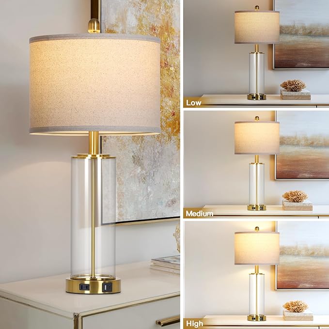 26 Inch Gold Glass Table Lamp Single, 3-Way Dimmable Touch Lamp for Living Room, Modern Bedroom Lamp with USB C+A Ports & Outlet, Classic Bedside Brass Lamp for Nightstand Side End Table Decoration