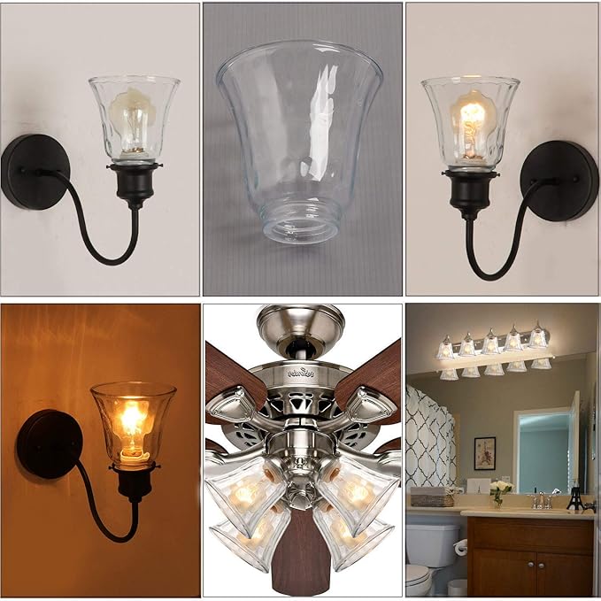 4 Pack Clear Hammered Glass Shade, Bell Shaped Light Fixture Replacement Globe or Cover with 2-1/8-Inch Fitter for Ceiling Fan Light Chandelier Wall Sconce, G0014