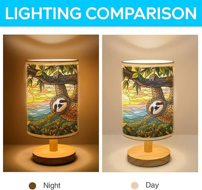 Sloth Table Lamp LED 3-Color Pressed Bedside, Sloth Shade Lamp with Wood Base for Bedroom Living Room Desk Office TL01