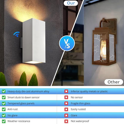 wowlite Modern Porch Lights Outdoor Wall Sconce, White Dust to Dawn Outdoor Lights, 13" Waterproof Square Exterior Lighting Fixtures, Aluminum Up and Down Light for House Garage Front Door, ETL Listed