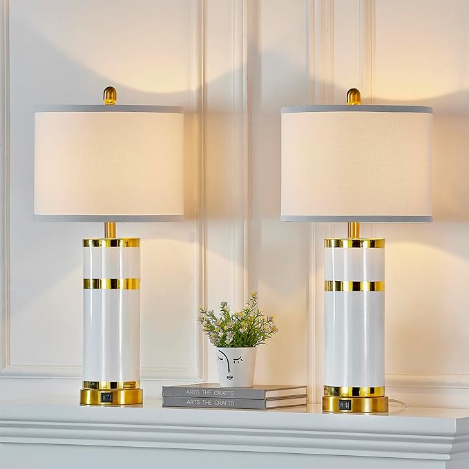 Ceramic White Gold-Plated Decorative 28" Table Lamps Set of 2 with E26 Socket&Rotary Switch,USB A+C Ports,Modern Bedside Lamps for Nightstand,Bedroom,Living Room,Decoration,Office(Bulbs in)