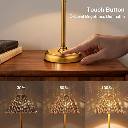 20.5'' Tall Cordless Boho Rattan Table lamp, 5200-mAh Rechargeable Battery, 3-Level Brightness Dimmable, Build-in LED 320 Lumen Max, for Bedside Restaurant Resort Hotel Dining Table