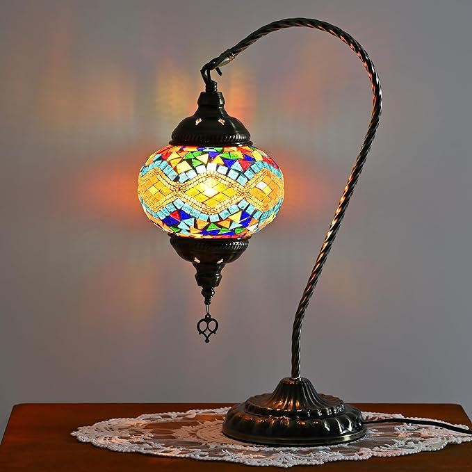 Swan Neck Turkish Moroccan Lamp Handmade Stained Mosaic Glass Vintage Lamp Shade Bohemian Tiffany Style Bedside Night Lamp Lighting for Bedroom Living Room (Colorful)