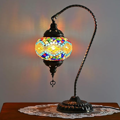 Swan Neck Turkish Moroccan Lamp Handmade Stained Mosaic Glass Vintage Lamp Shade Bohemian Tiffany Style Bedside Night Lamp Lighting for Bedroom Living Room (Colorful)