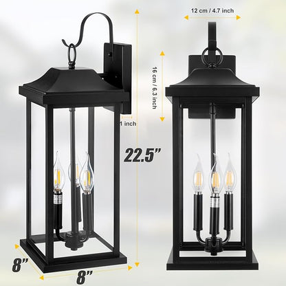 23” Extra Large 3-Light Outdoor Light Fixture 1-Pack, IP65 Waterproof Exterior Light Fixture with Clear Tempered Glass Modern Outside Wall Mount Lamp Matte Black Front Porch Lantern, E12