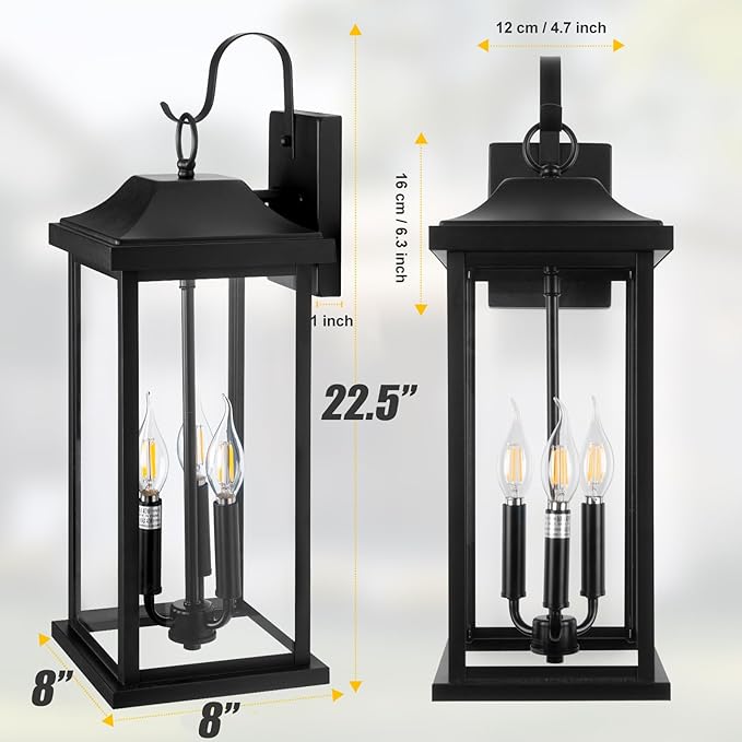 2-Pack 23" Extra Large Outdoor Wall Lights Candelabra 3-Light, IP65 Waterproof Exterior Lights with Clear Glass Front Porch Lanterns Outdoor Wall Sconce Lighting Outside Coach Lights, E12