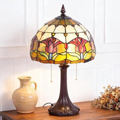 Vintage Table Lamp Stained Glass Lamp Tulip Flower Shades Bedroom Plug in Table Lamp Reading Desk Light for Bedside Living Room Office Dormitory Dining Room Decorate Gift