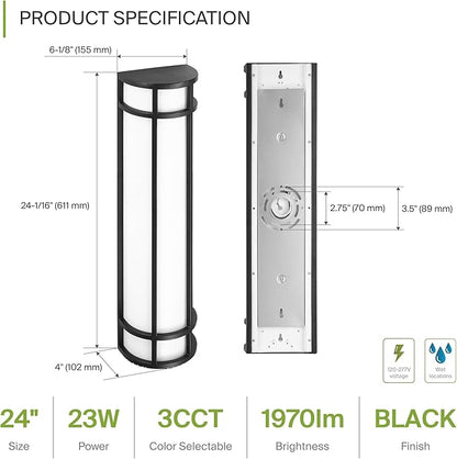 ASD LED 24" Half Cylinder Wall Light Fixture, Outdoor Patio Sconce | 3CCT, Stainless Steel, Waterproof, Energy Star, ETL Listed | 24W 1970LM 3000-5000K 100-277V | Exterior Lighting | Black, 4 Pack