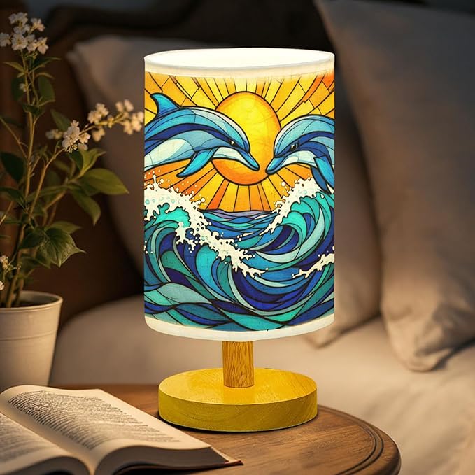 Dolphin Table Lamp LED 3-Color Pressed Bedside, Dolphin Shade Lamp with Wood Base for Bedroom Living Room Desk Office TL01