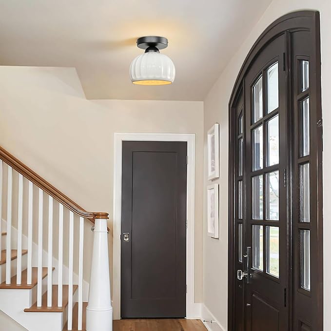 Black Semi Flush Mount Ceiling Light - 2 Pack, Glaze Ceramic Vintage Hallway Light Fixtures, Milk White Globe Ceiling Lights, Mid Century Small Light Fixture for Cottage Entryway Laundry Room Foyer