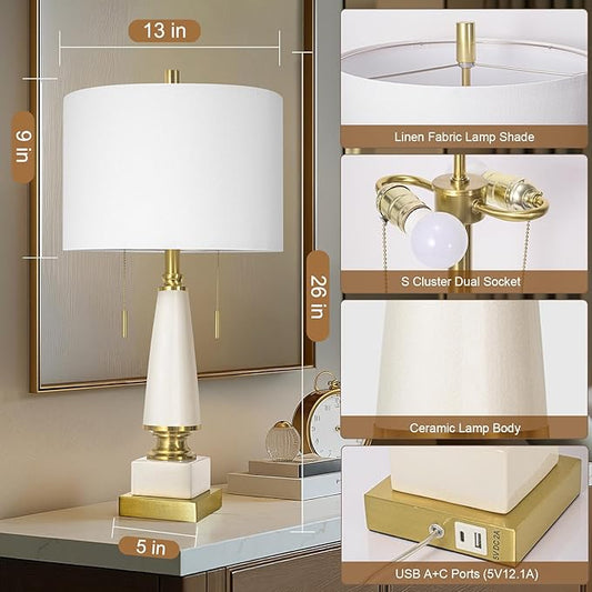 26" Bedside Table Lamps Set of 2, Ceramic Lamps for Living Room Nightstand with USB A+C Ports, Pull Chains Dual Switch, Modern Lamp with Linen Shade for Bedroom Office Home (Bulb Included)