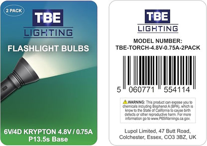 TBE LIGHTING 6 Volt / 4D 4.8 Volt, 0.75A Bayonet Base P13.5 Krypton Flashlight Bulbs, Pack of 2 Energy efficient Flashlight Krypton Bulbs to fit a Standard 4D Torches