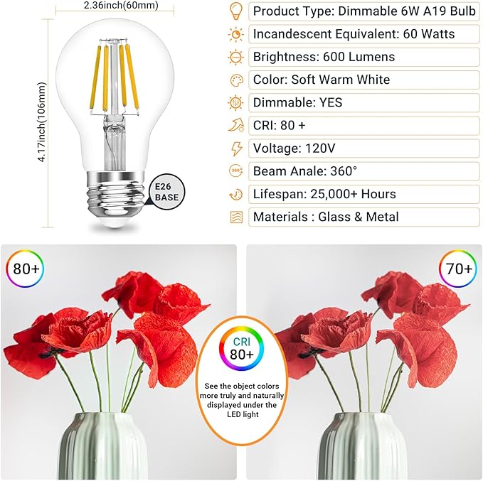 A19 E26 Base Dimmable Edison LED Bulb, 4W (40 Watt Equivalent) 3000K Soft Warm White, Vintage Clear Glass LED Filament Bulb for Home, Wall Sconce, Chandelier, 6 Pack (6W=60W 3000K Soft White)