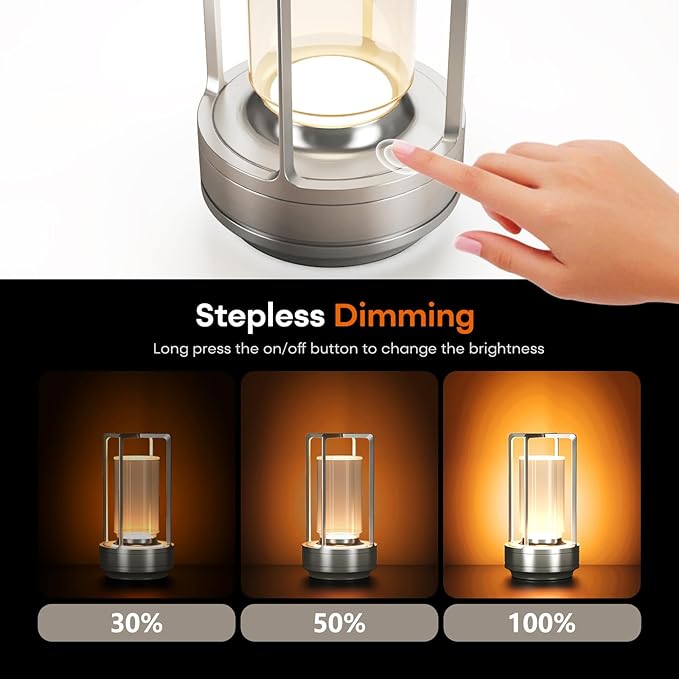 Portable Table Lamp for Indoor/Outdoor, Rechargeable Cordless Desk Lamp with Touch Sensor, 3 Way Dimmable Suitable for Bars/Cafes/Restaurants/Bedrooms/Camping Sites (Silver)