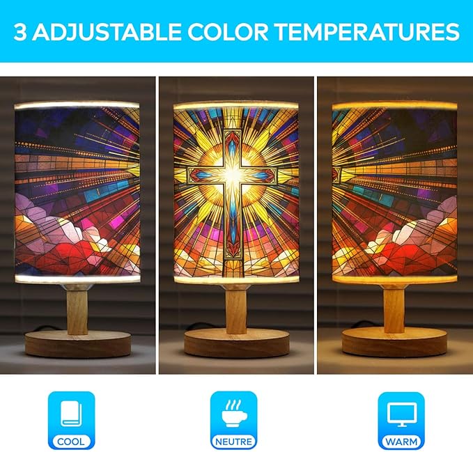 Cross Table Lamp LED 3-Color Pressed Bedside, Cross Shade Lamp with Wood Base for Bedroom Living Room Desk Office TL01