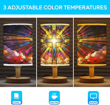 Cross Table Lamp LED 3-Color Pressed Bedside, Cross Shade Lamp with Wood Base for Bedroom Living Room Desk Office TL01