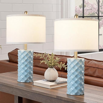 Sky Blue & Star Diamond Ceramic Table Lamps (Set of 2) - 23" Luxe Modern Bedside Lamps for Nightstand,bedrooms, Living Rooms, or entryways & Rotary Switch,No Bulbs