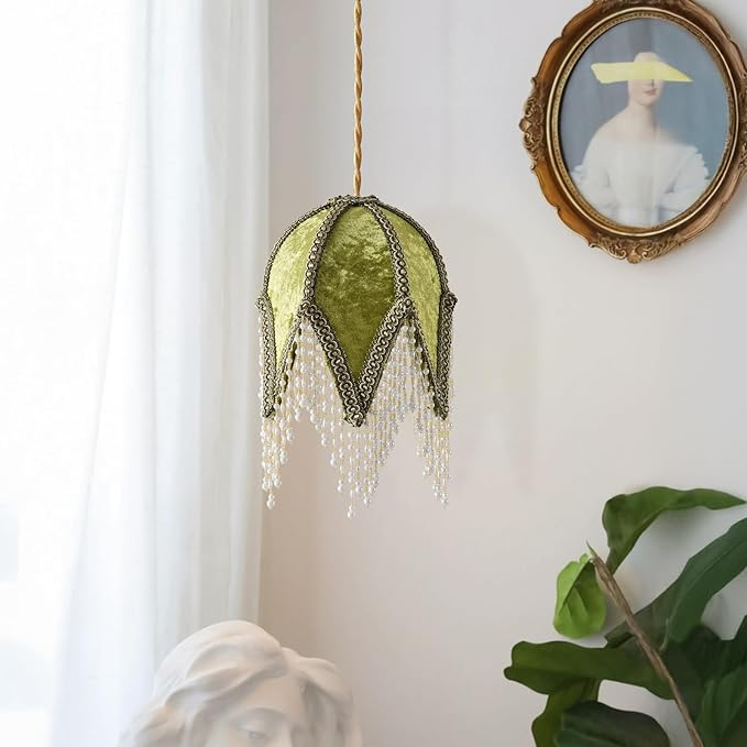 Tassel lampshade - Retro country style green bead tassel lampshade,18cm artistic atmosphere replacement lamp accessory for living room