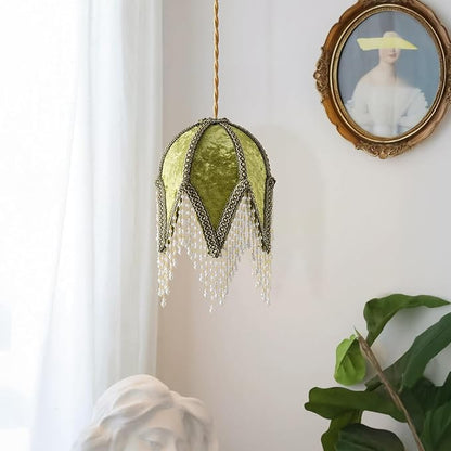 Tassel lampshade - Retro country style green bead tassel lampshade,18cm artistic atmosphere replacement lamp accessory for living room