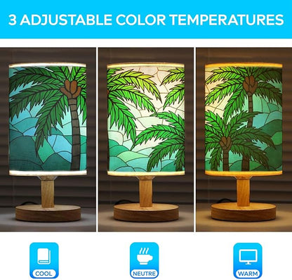 Palm Tree Table Lamp LED 3-Color Pressed Bedside, Palm Tree Shade Lamp with Wood Base for Bedroom Living Room Desk Office