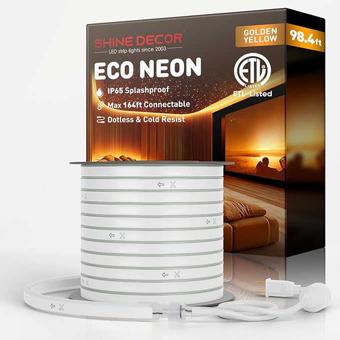 Shine Decor LED Neon Rope Lights Connectable, 98.4FT Flexible AC110V 120V Neon LED Strip Lights(Amber Golden Yellow) Outdoor Waterproof, ETL Plug&Play Neon String Lighting 120LED/M for Home Commercial