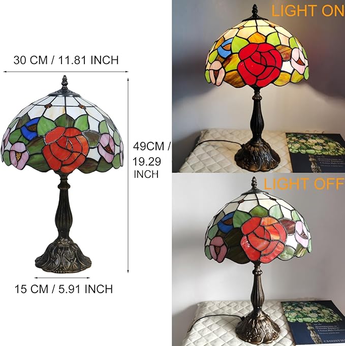 Tiffany Style Table Lamp, Stained Glass Bedside Lamp, Handmade Antique Desk Lamp, Red Rose Pattern, for Living Room Bedroom Home Office, Height 19 Inch, Width 12 Inch, Include LED Bulb