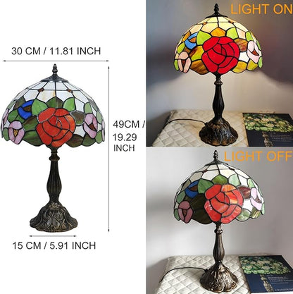 Tiffany Style Table Lamp, Stained Glass Bedside Lamp, Handmade Antique Desk Lamp, Red Rose Pattern, for Living Room Bedroom Home Office, Height 19 Inch, Width 12 Inch, Include LED Bulb