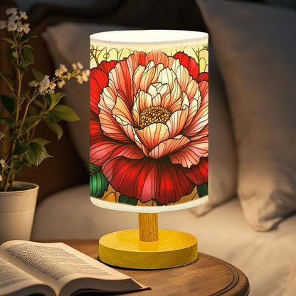 Carnation Table Lamp LED 3-Color Pressed Bedside, Carnation Shade Lamp with Wood Base for Bedroom Living Room Desk Office TL01