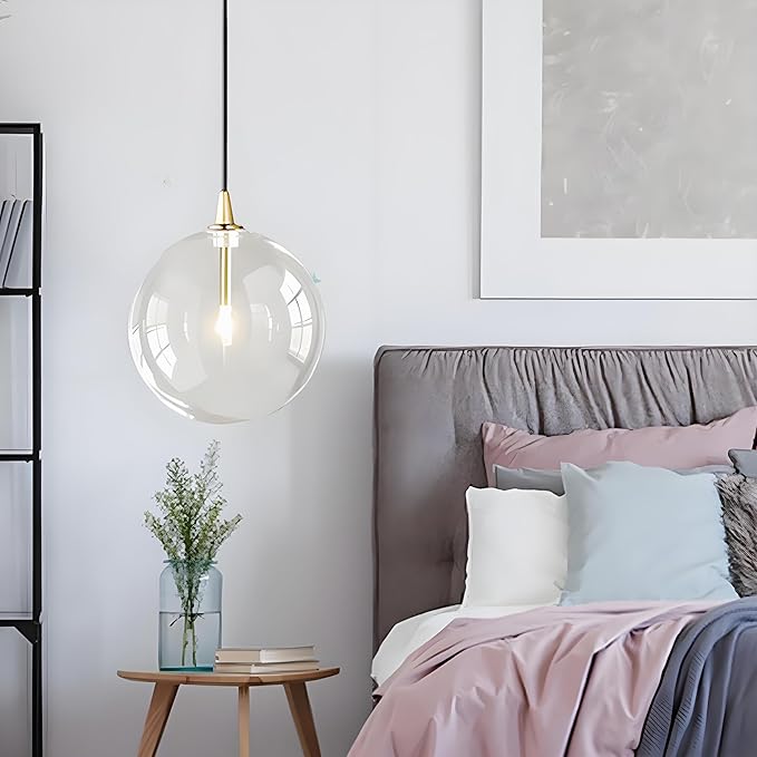 Minimalist Transparent Glass Ball Pendant Light in Gold Finish, Height Adjustable G4 LED Ceiling Haning Light for Dining Room & Living Room (30CM)