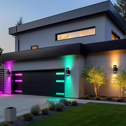 Up and Down Lights Outdoor, RGB Color Changing Outdoor Wall Lights with Dusk to Dawn Photocell Sensor，LED Smart Exterior Wall Light Fixtures for House Front Door Porch Patio 2 Pack