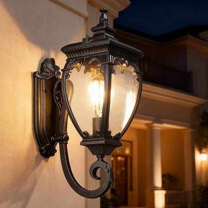 Porch Light Outdoor Wall Lights Exterior Lighting Fixtures, 18.7 Inch Waterproof Black Porch Lights Outdoor Wall Sconces Light Fixture with Seeded Glass for Outside Patio Garage