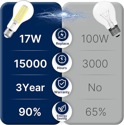 FLSNT 200W Equivalent A23 LED Light Bulbs, Efficient 17W, 3010Lumens, 5000K Daylight, CRI82, E26 Medium Base, Clear Glass, 4 Pack, Non-Dimmable